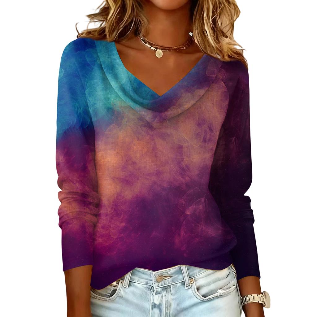 Damen lässiges Mode-Pulloveroberteil mit Langarm, kreuzgefärbt und bedruckt