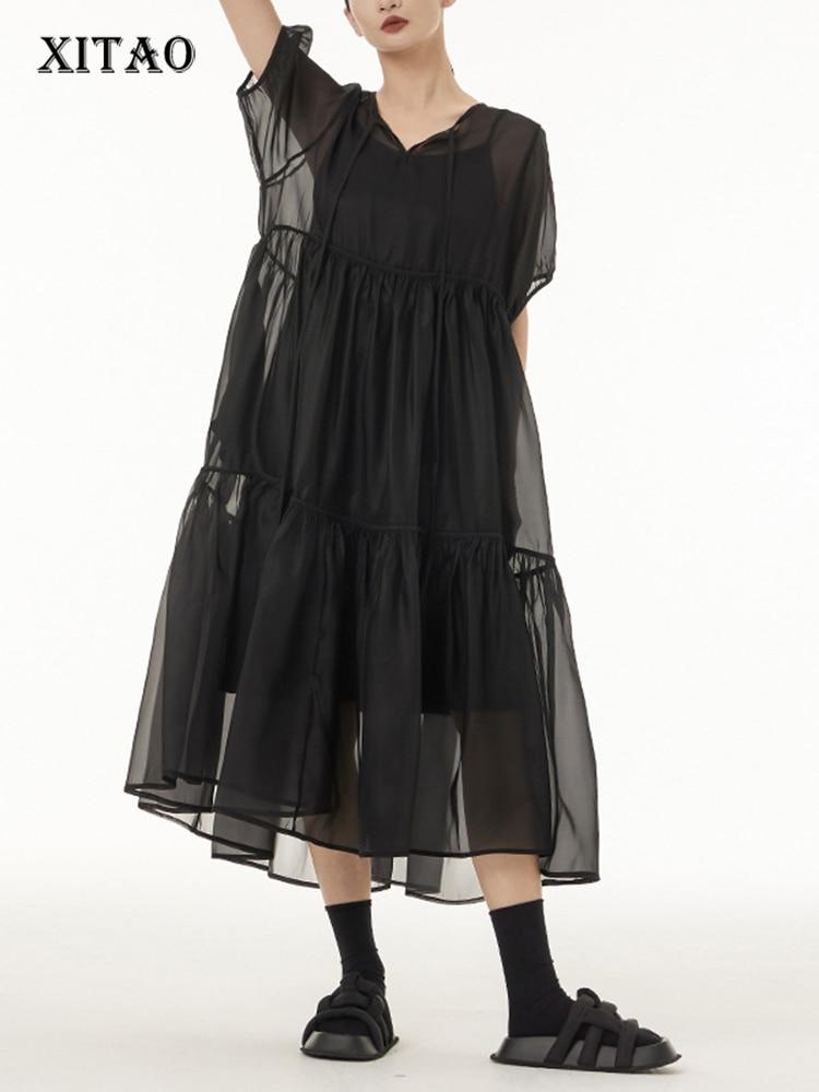 

XITAO Сплошной цвет Сетка O-образный вырез Свободное платье Повседневная мода Женщины ZY8444