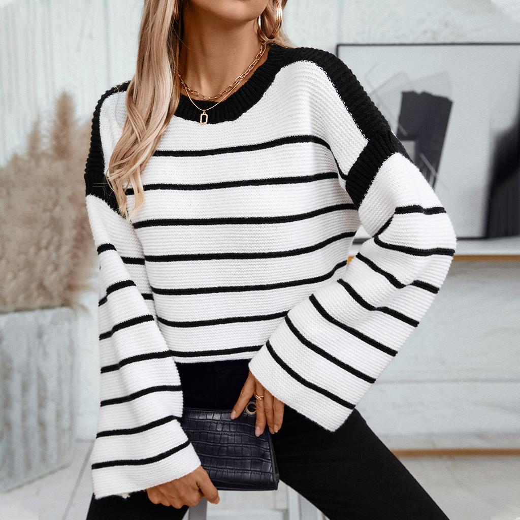 Autumn Winter Black White Stripe O-neck Pullover Sweater for Women's Outerwear Casual Oversized Lazy Style Knitted Sweaters Tops