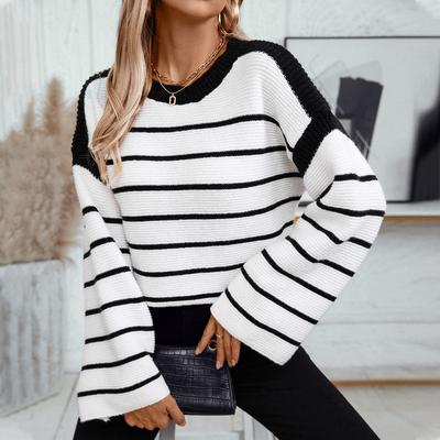 Autumn and Winter Round Neck Loose Striped Pullover Long Sleeved Knitted Women's Sweaters