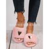 Women's Heart Shaped Flat Faux Rabbit Fur Slippers, Casual Indoor Home Footwear, Plus Size Warm Comfortable Slip On House Shoes