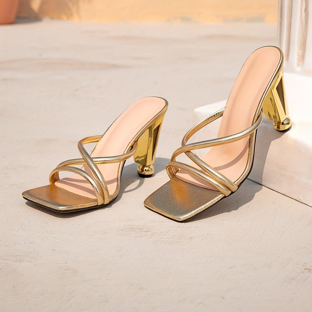 Damenschuhe Goldene High-Heel-Sandalen Speziell geformter Absatz Mode Quadratische Spitze Schlichte hinten offene High-Heel-Sandalen Schlichte Damenschuhe