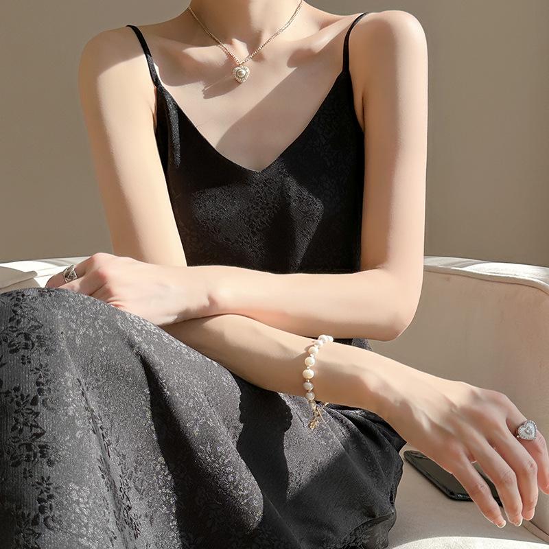 Maxikleid aus Acetat-Satin mit V-Ausschnitt und Blumenmuster für Damen – ärmelloses, schlankmachendes Unterkleid mit sexy Ausschnitt, elegante und fließende Party-/Cocktailkleidung