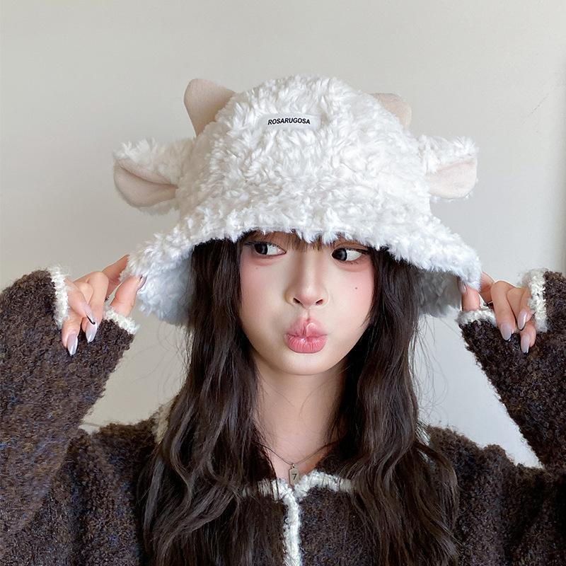 Fisherman Hat Women's Autumn and Winter Korean Version Versatile Face Showing Small Bucket Hat Lamb Plush Basin Hat Japanese Cute Warm Hat