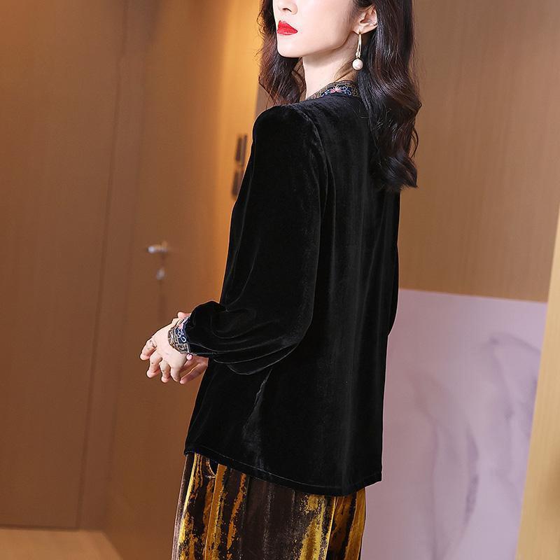 Bluzka z aksamitu damska jesienna moda czarna etniczna styl chiński retro temperament koszula