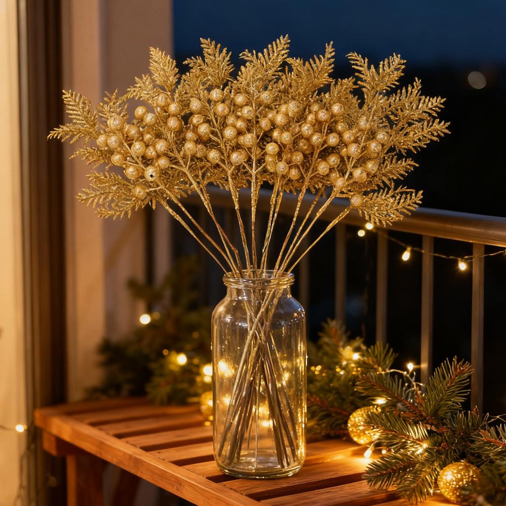 Christmas Decoration Glitter Berrie Artificial Foam Flower Bouquet Christmas Tree Ornaments Red Gold Silver Fake Berries Branch