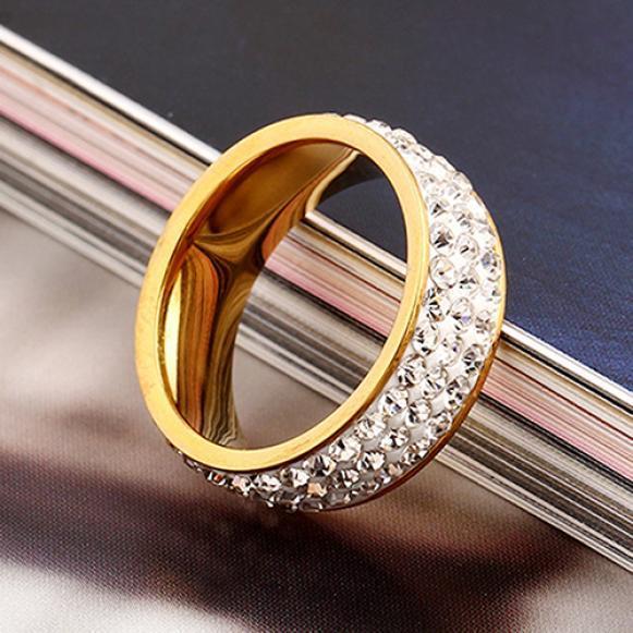 Titanium Steel Women Men 3 Rows Shiny Rhinestone Finger Ring Wedding Jewelry Gift
