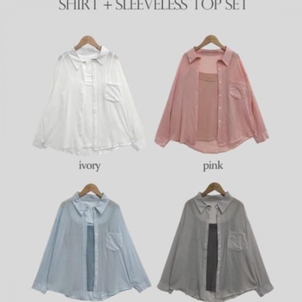 The Pink Loose Fit Sheer Shirt + Strap Camisole Set