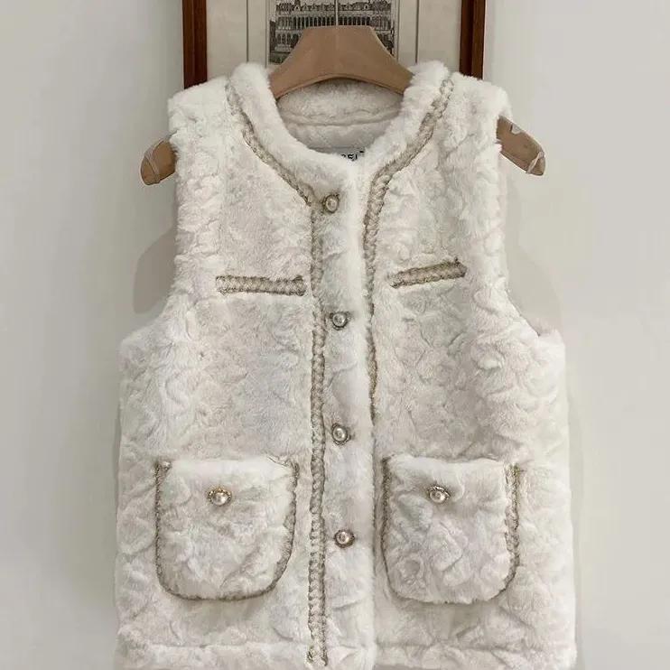Women's Autumn and Winter Temperament Elegant Imitation Lamb Wool Vest Solid Color Loose Simple Comfortable Soft Jacket