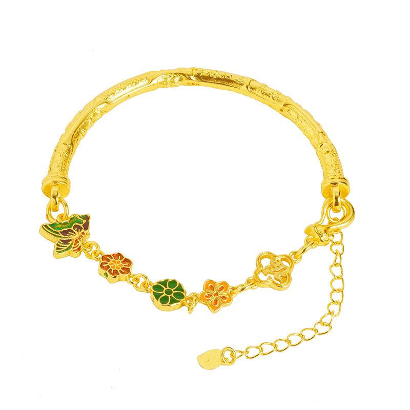 24K Pure Gold Butterfly Love Flower Bracelet with Retro Chinese Style, Light Luxury and Versatile Temperament