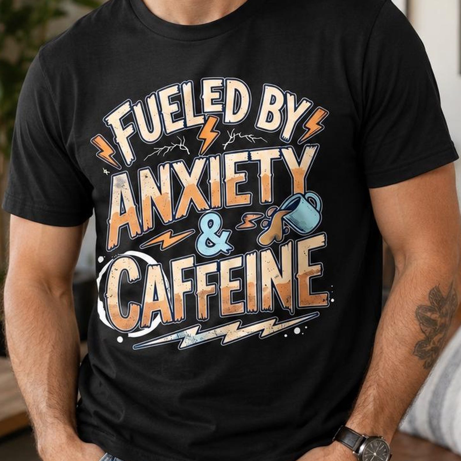 Fueled by Anxiety & Caffeine Vintage T-Shirt | Original Funny Coffee Lover Anxiety Mental Health Tee L