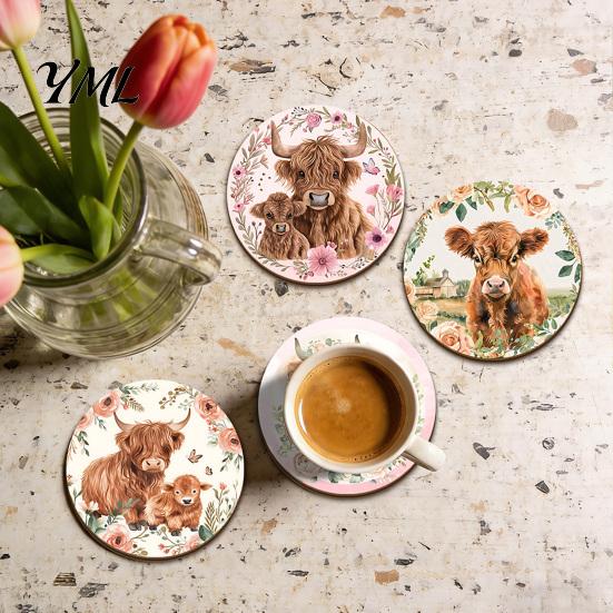 Scratch Resistant Desktop Pads Highland Cow Cork Coasters, Cute Floral Farmhouse Drink Mats with Decorative Home Kitchen Accessories Non-Slip