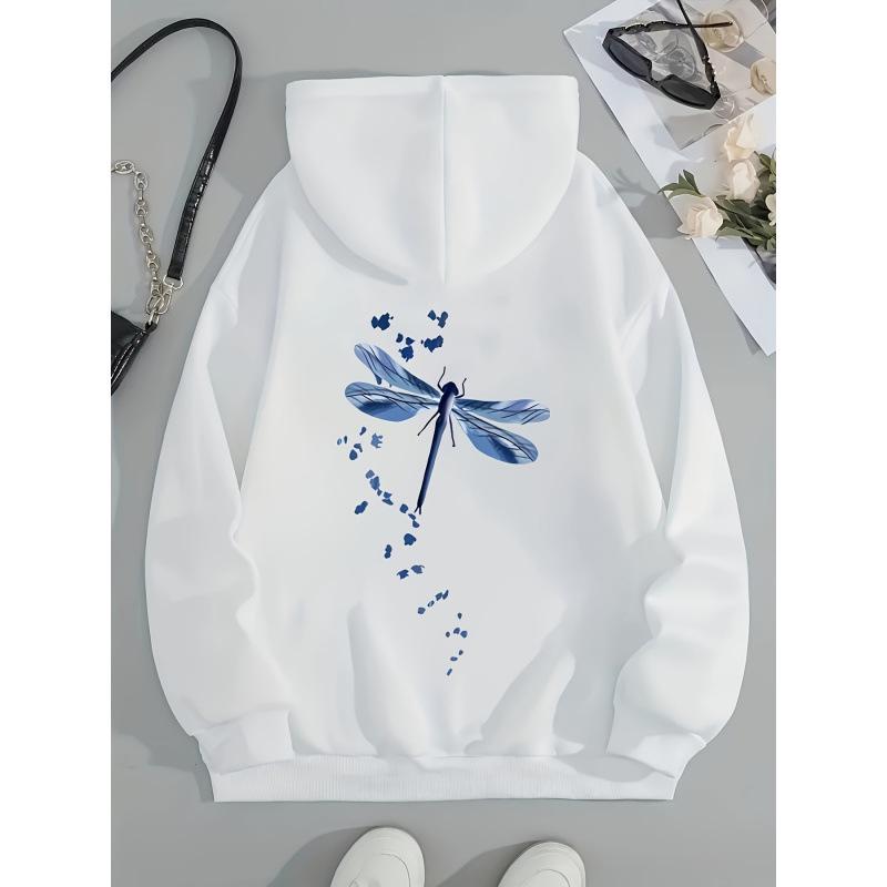 European & American Women's Dragonfly Print Plus Velvet Hoodie with Kangaroo Pocket - Autumn/Winter