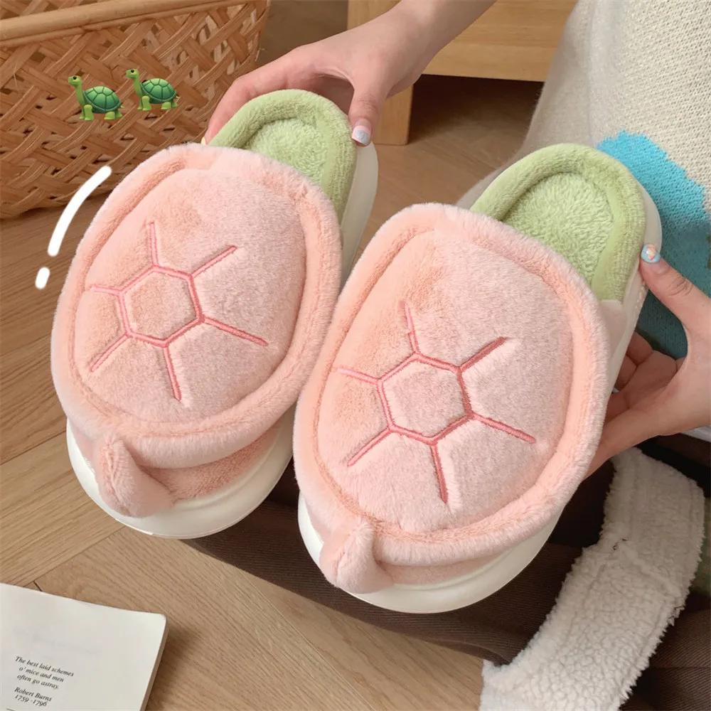 Fashion Women Cute Turtle Slippers Fluffy Furry Soft Bottom Slippers Female Winter Plush Slides Indoor Fuzzy Slippers Lovely Cotton Shoe