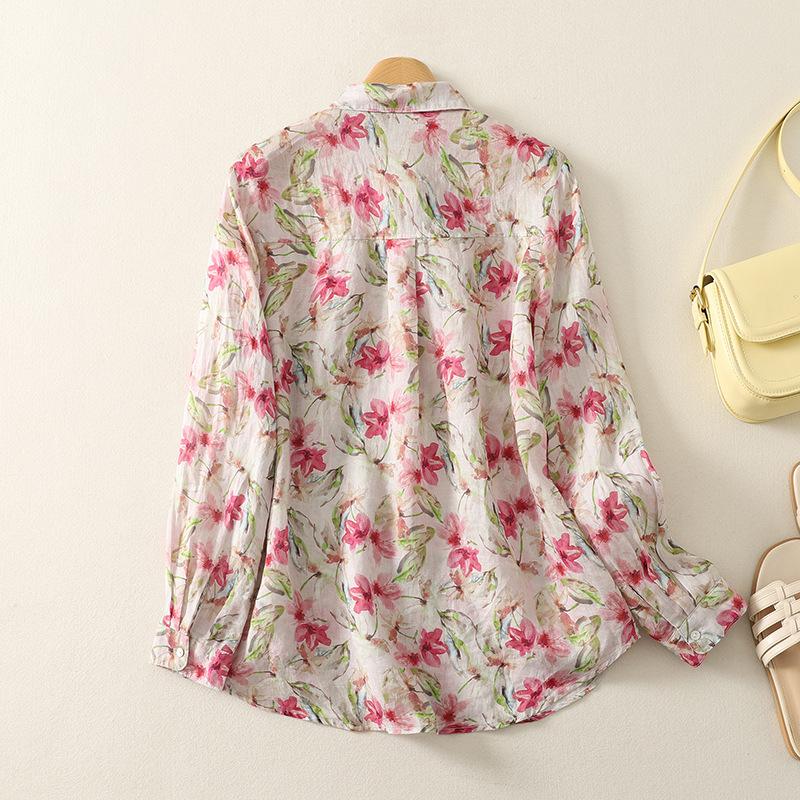 Camisa Casual Estampada de Primavera para Mujer, de Manga Larga, Holgada, Oversize, Cómoda, Retro, con Cuello POLO