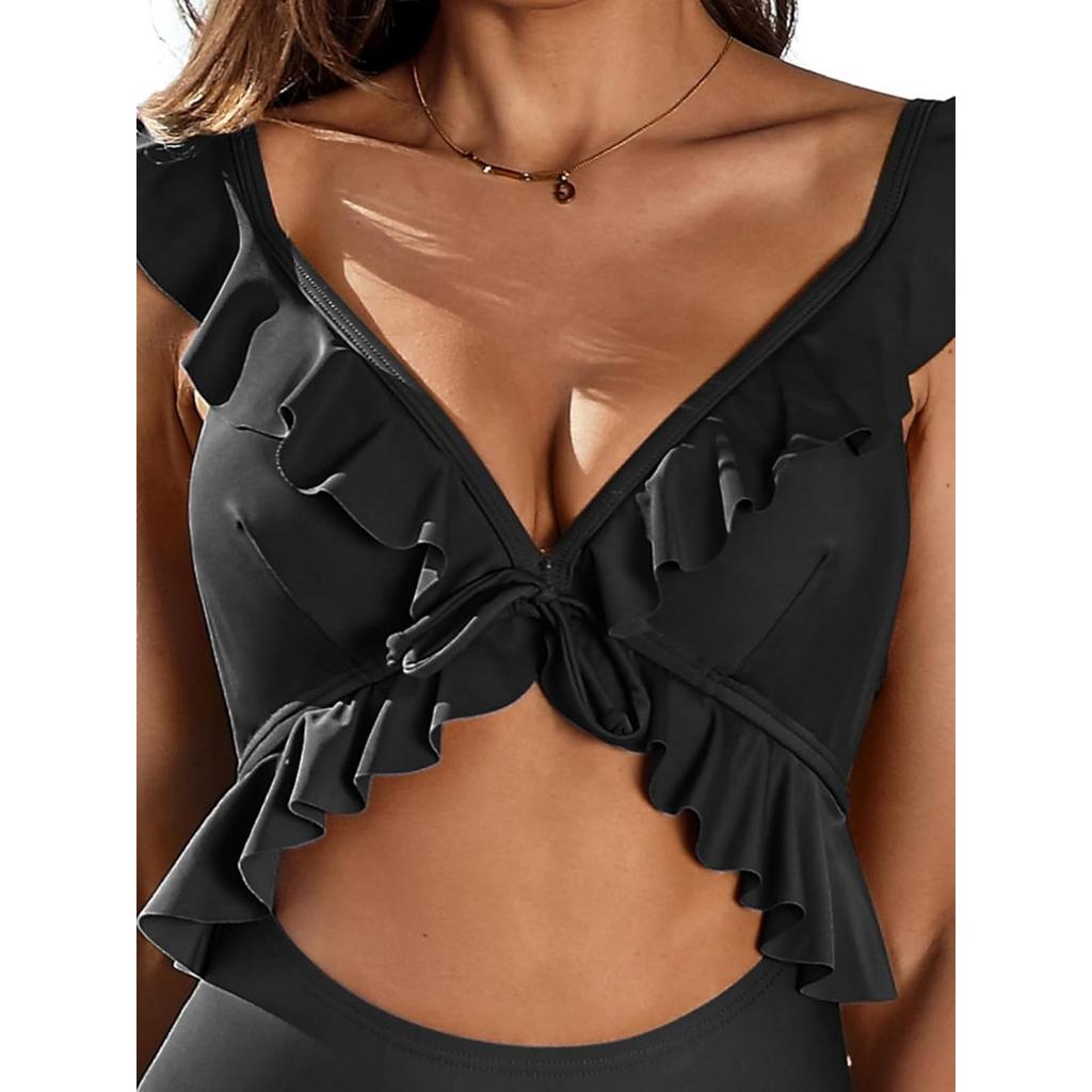 CHARMLEAKS Damen Einteiler Badeanzug mit Rüschen und Cut-Outs, Riemchen-Monokini, Bademode, Badeanzüge