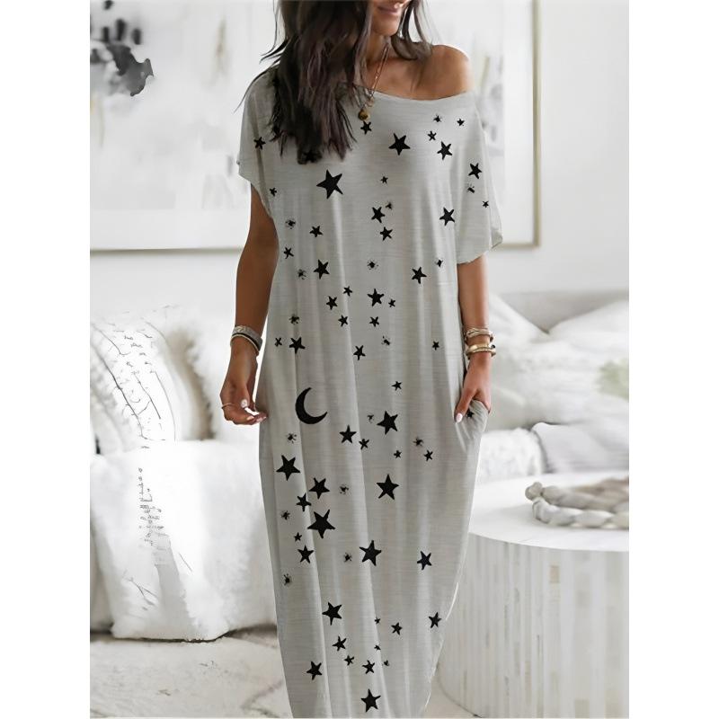 European beautiful women's 2026 summer comfortable printed long dress casual short sleeve round neck knitted dress with pocket