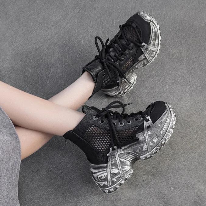 Johnature Vintage Genuine Leather Splicing Mesh Breathable Hollow-out Boots Women's Platform Shoes