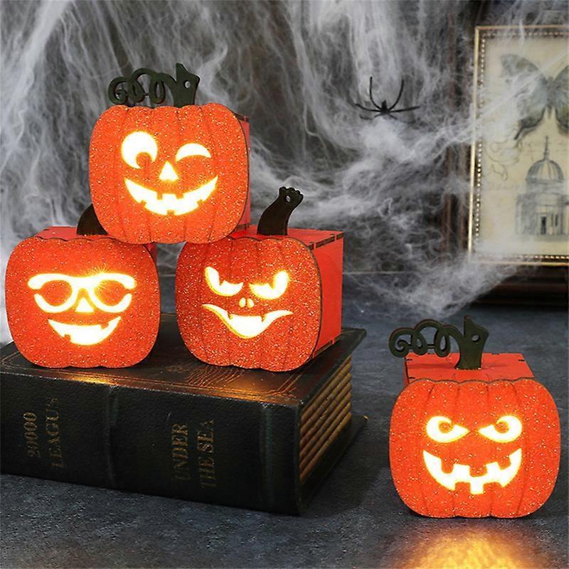 4Pcs Halloween Pumpkin Lamp Wooden Jack-O-Lantern Halloween Decorative Pumpkin Skull Black Cat Lights for Indoor Outdoor Mantel Fireplace Decoration S