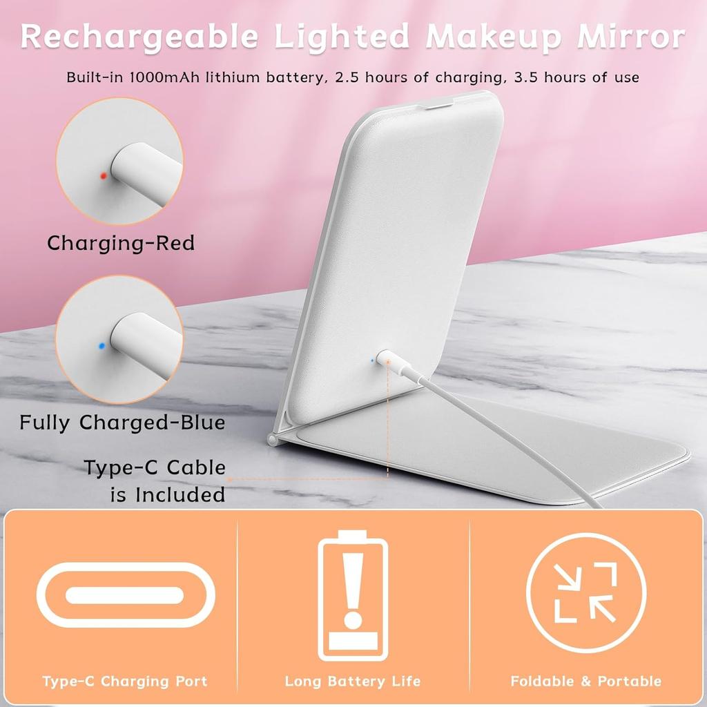 KerMiCi Lighted Travel Makeup Mirror, Portable Travel Mirror 10X Magnification with 72 LED Lights & Stepless Dimming 3 Color Rechargeable Cosmetic
