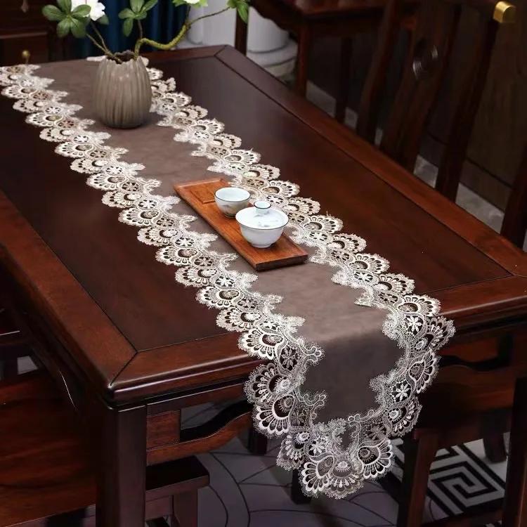Lace table runner American luxury waterproof and oil-proof pu dining table shoe cabinet strip tablecloth table runner