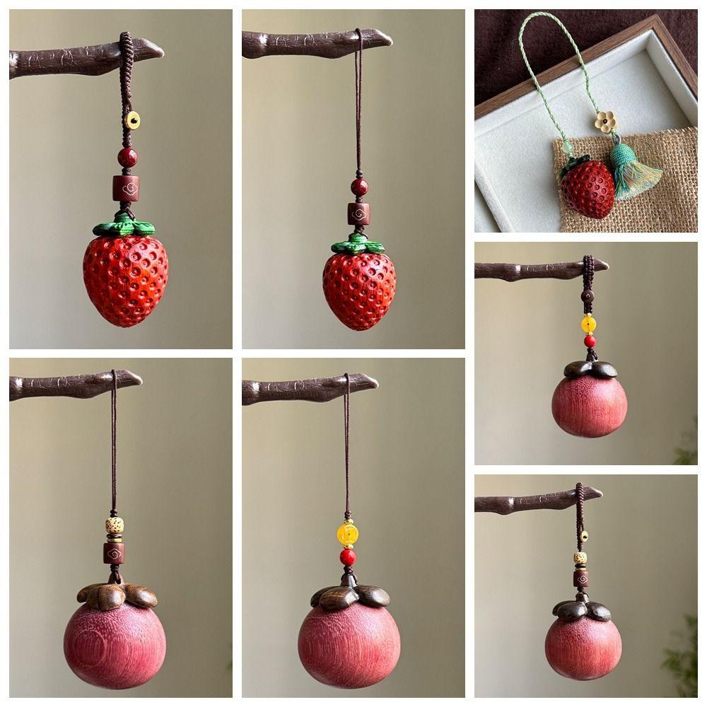 Strawberry Wooden Pendant Phone Chain Mangosteen Car Keyring Cute Sandalwood Keychain  Men