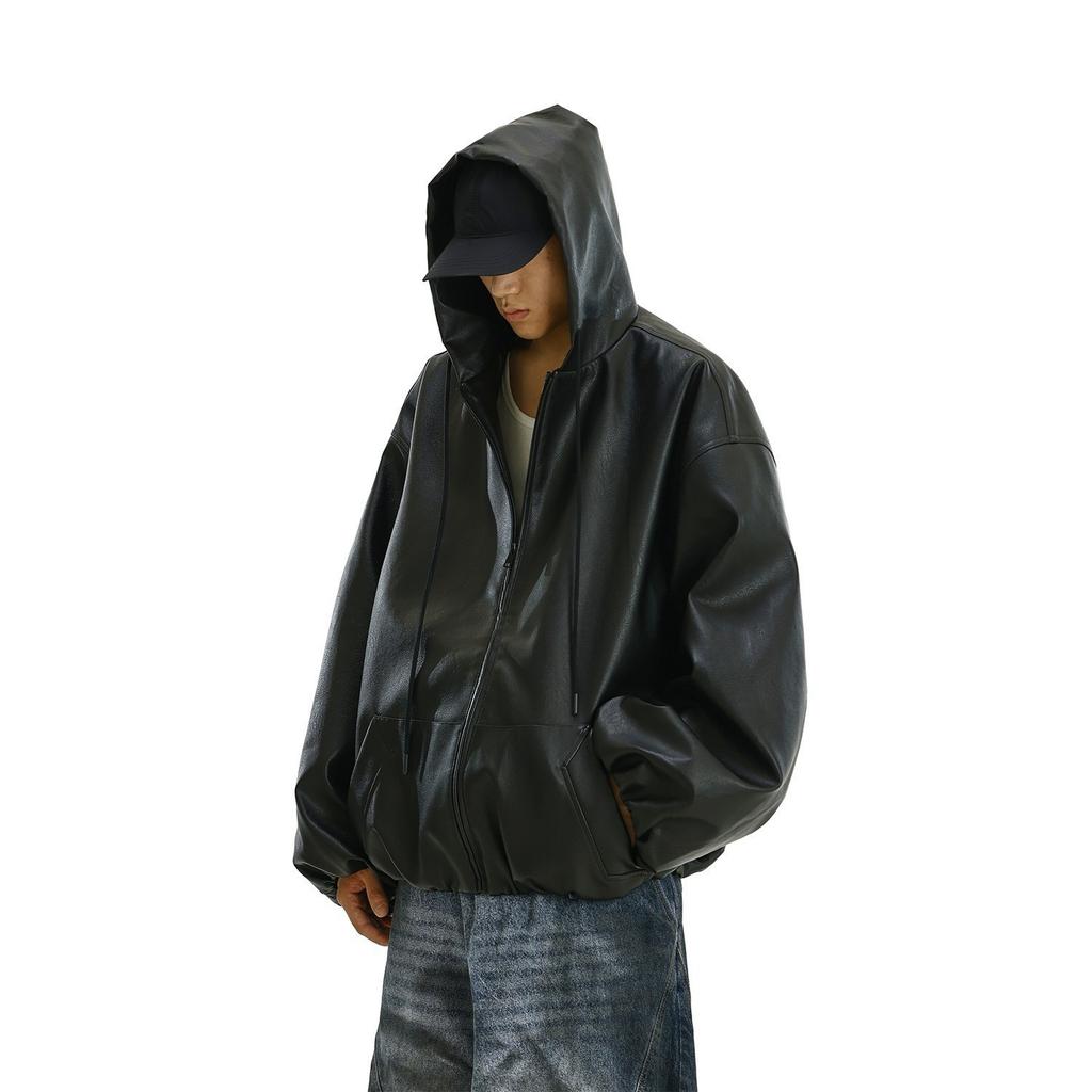 Heavy American retro hooded leather jacket men and women ruffian handsome loose versatile casual motorcycle jacket tide