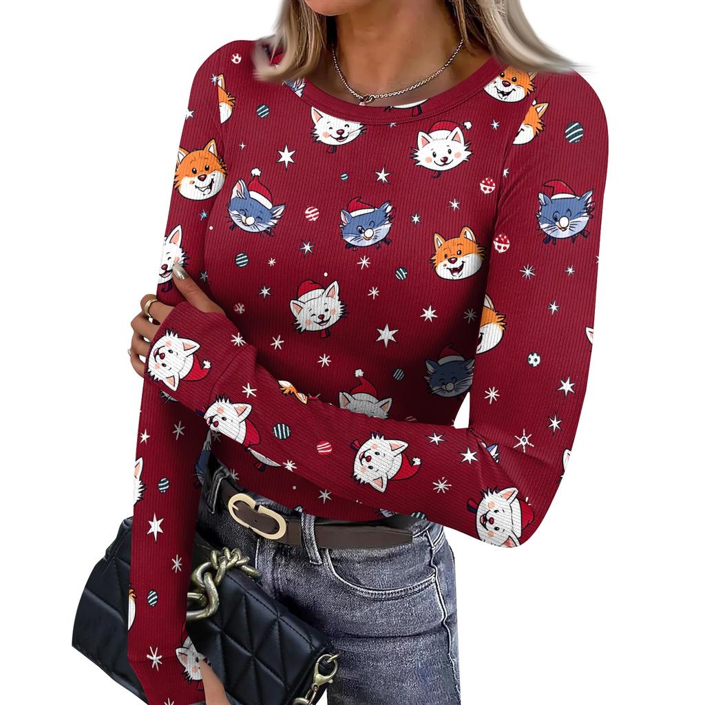 Women's Slim Fit Long Sleeve Base Layer T-Shirt with Christmas Print, Neck Pullover Top with Thumb Holes