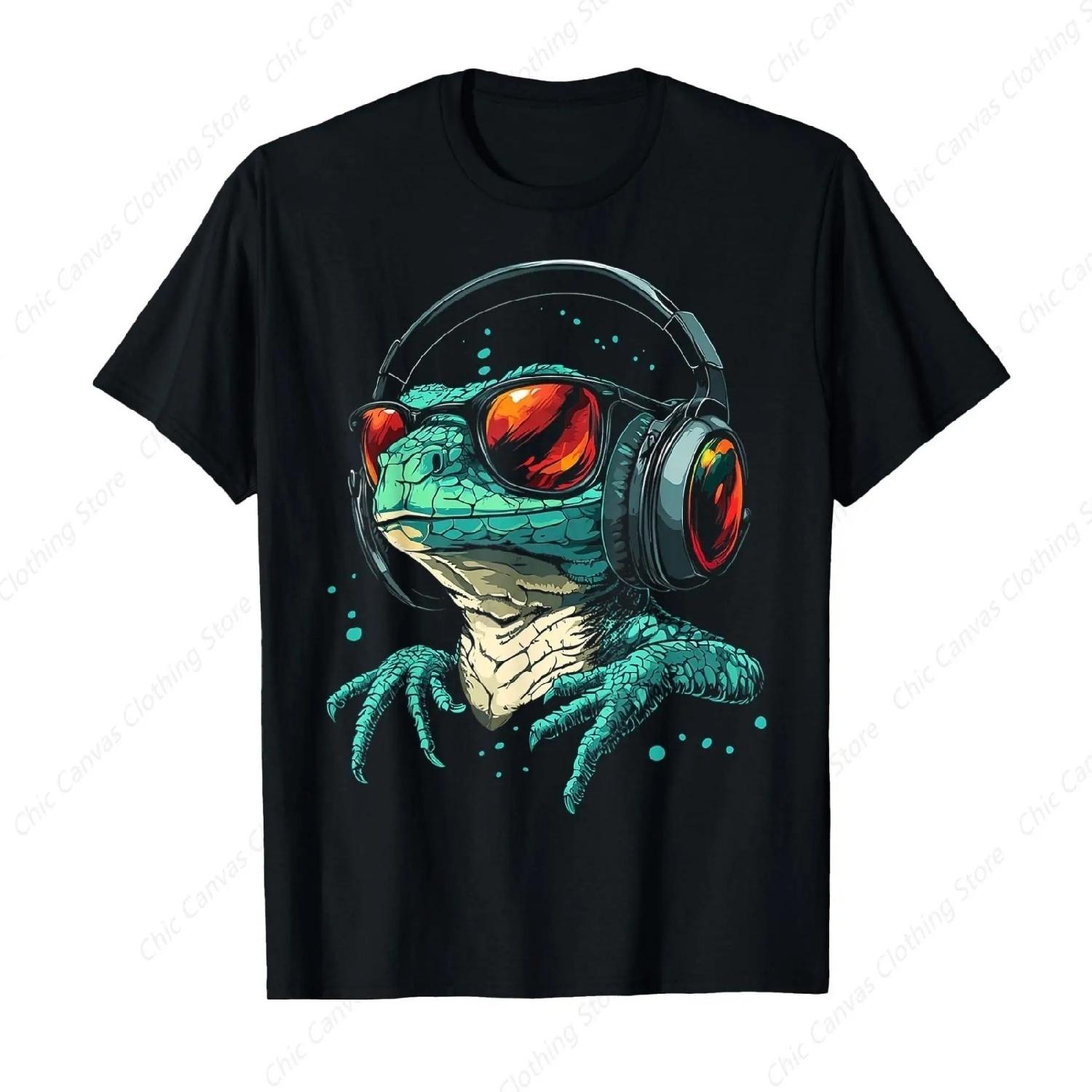 Lizard Animal Music Earphones Art Sunglasses Lizard T-shirt Cool Printed Men s and Women s Cotton Short Sleeves S