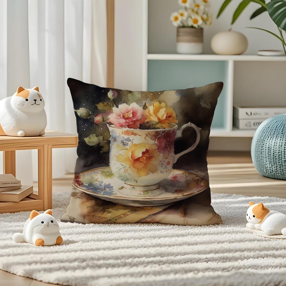Painting Cup of Flowers Pillow Case Silky Elegant Comfort Sofa Bed Invisible Zipper