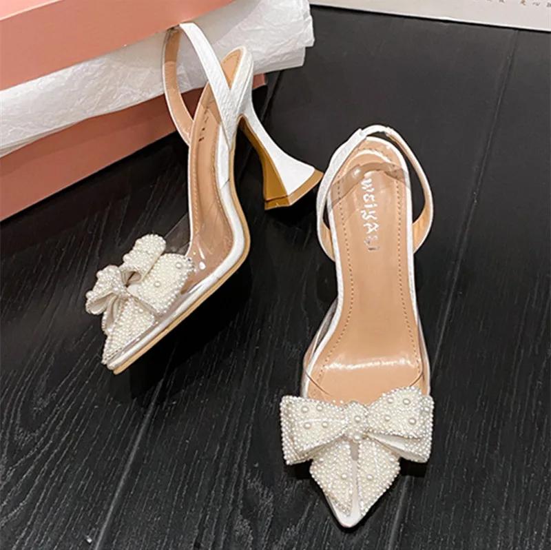 Luxury Designer White Pearl Bowknot Women Pumps Sexy Pointed Toe High Heels Wedding Prom Shoe PVC Transparent Heeled Sandals