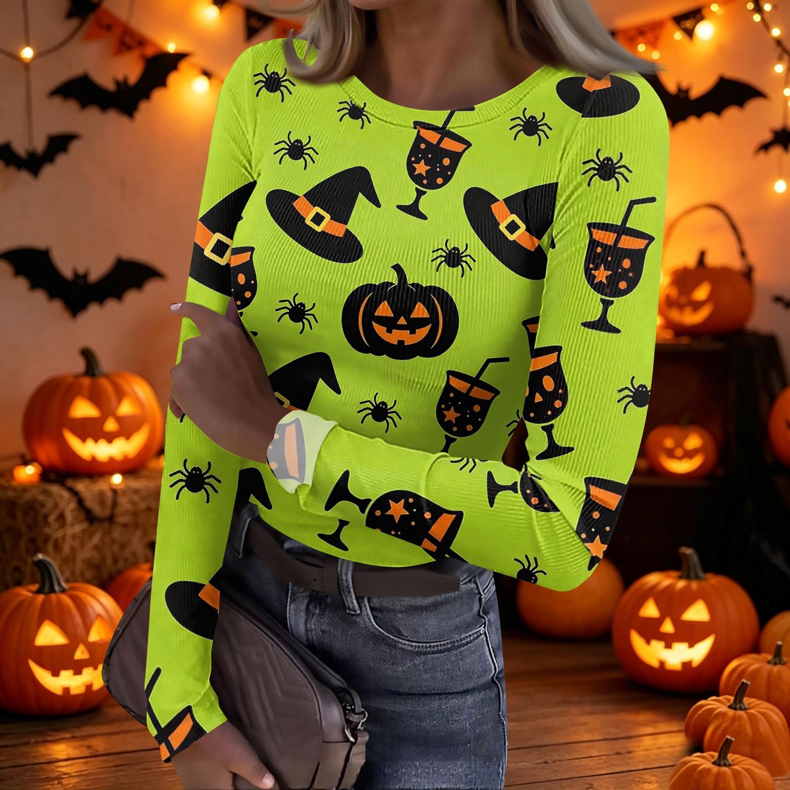 Women s Casual Long Sleeve Ribbed Top Halloween Pumpkin Print Round Neck Slim Fit Stretchy Shirt M