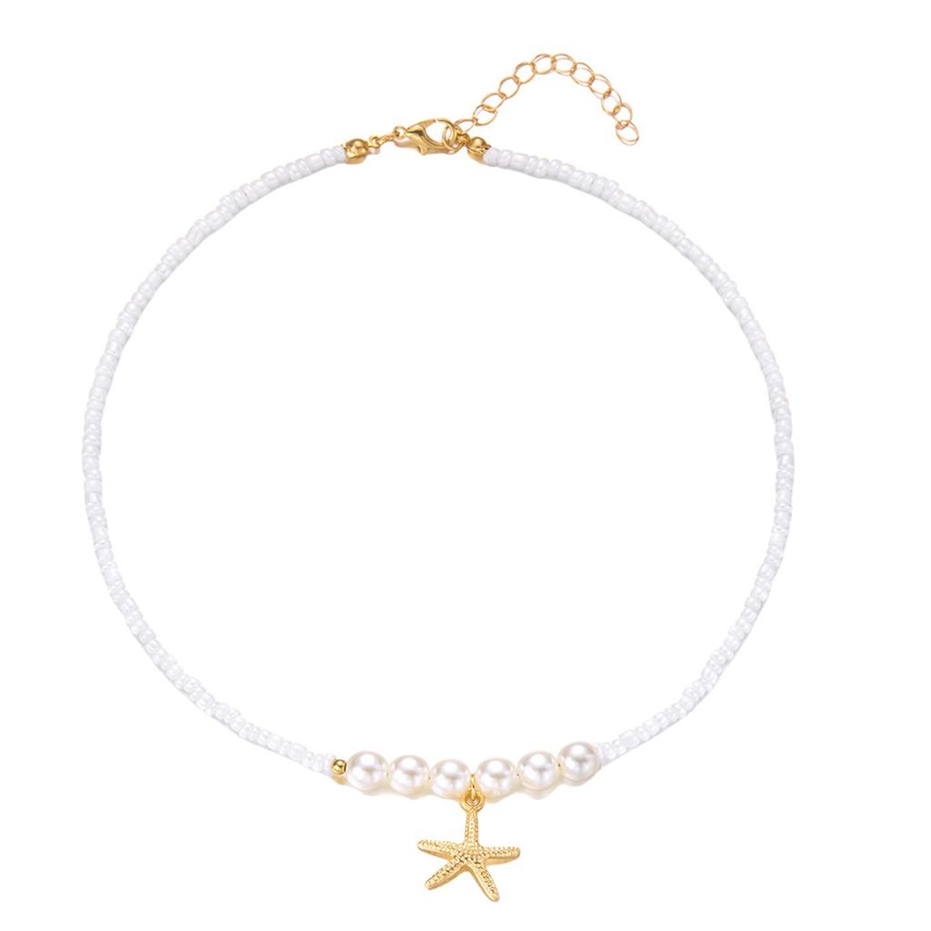 Bohemian Starfish Pendant Pearls Bead Necklace Adjustable Length Portable Jewelry for Beach Vacation and Parties