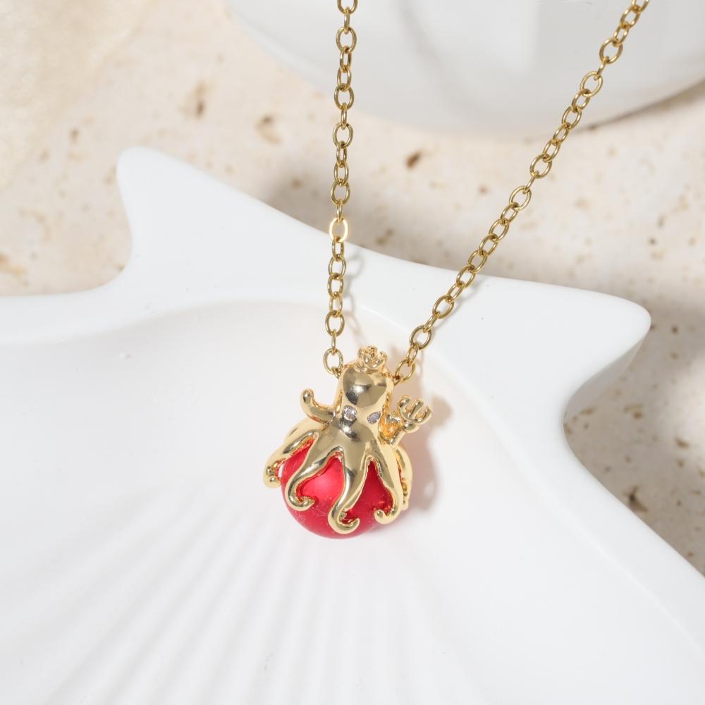 Trendy Octopus Red Bead Choker, Golden Tone Adjustable Chain, Fashion Cute Animal Pendant Necklace for Daily Wear