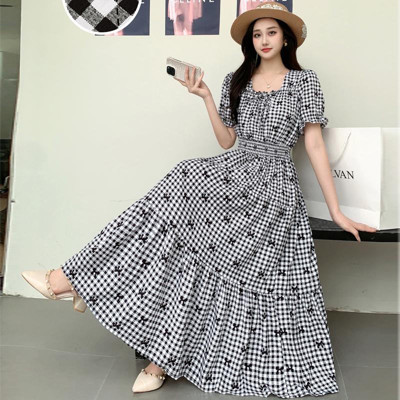 Summer Cotton Silk Floral Print Maxi Dress Bohemian Beachwear High Waist Young Women's Large Skirt Swing Dress