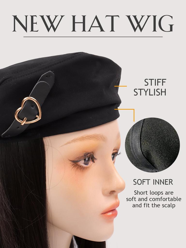 Beret Hair Extensions, Long Straight Synthetic Black Wig Extensions, Suitable for Women's Daily Wear