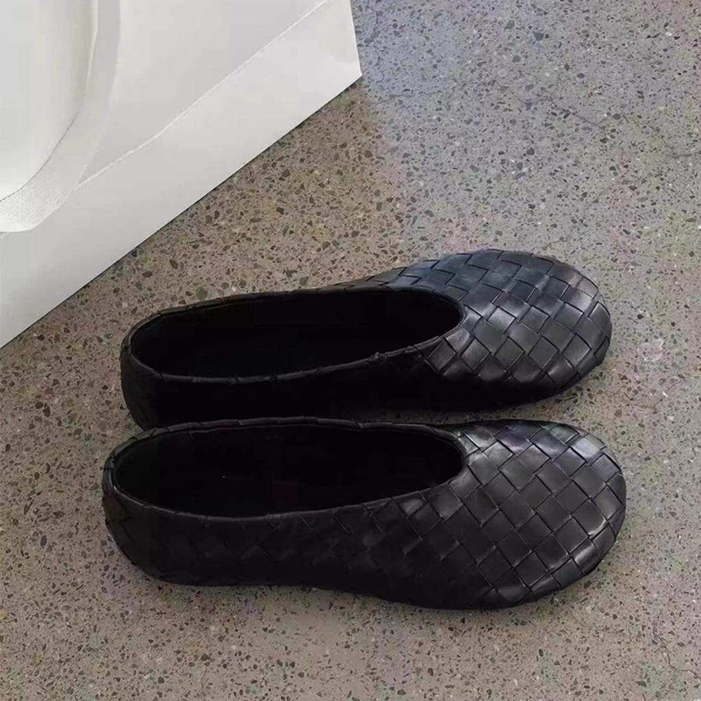 Cowhide version~ Retro leather flat-soled woven single shoes for women's commuting comfort, shallow mouth soft-soled Mary Jane ballet shoes