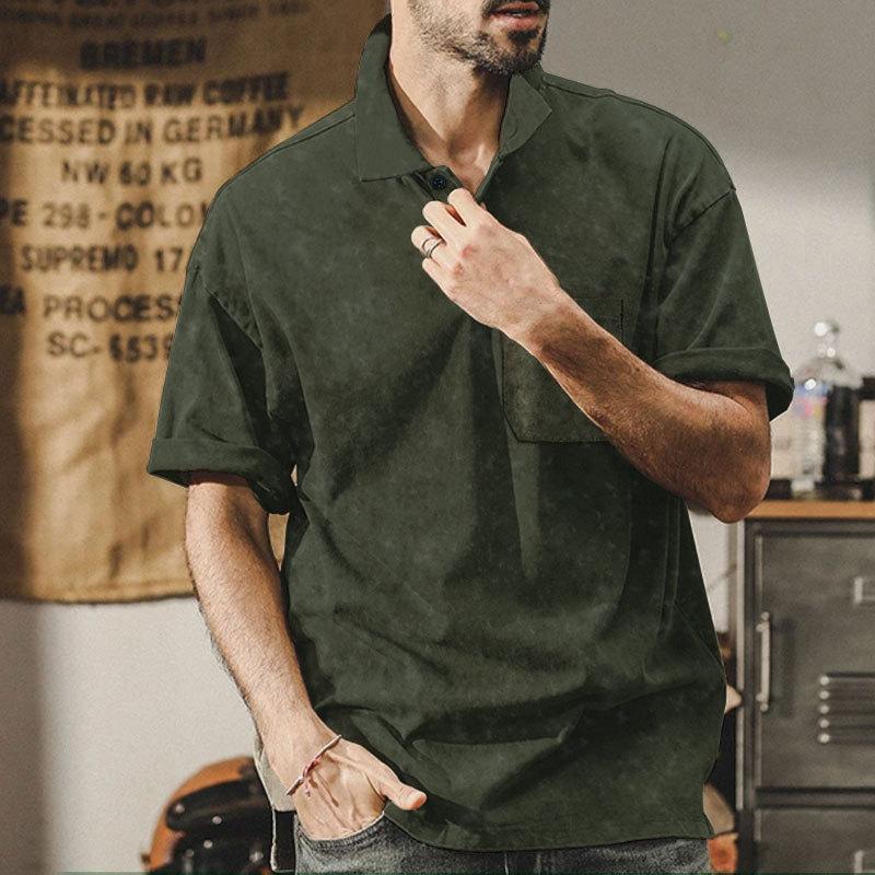 

Летняя новая мужская футболка с пуговицами на лацканах, повседневная мужская футболка в стиле ретро с короткими рукавами XXXL армия зеленый
