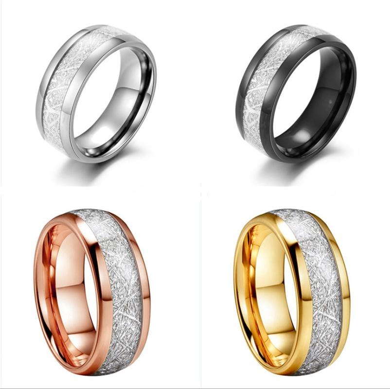 8mm Width Meteorite Stone Pattern Inlaid Silver Color Tungsten Steel Ring Couple Wedding Band Engagement Jewelry