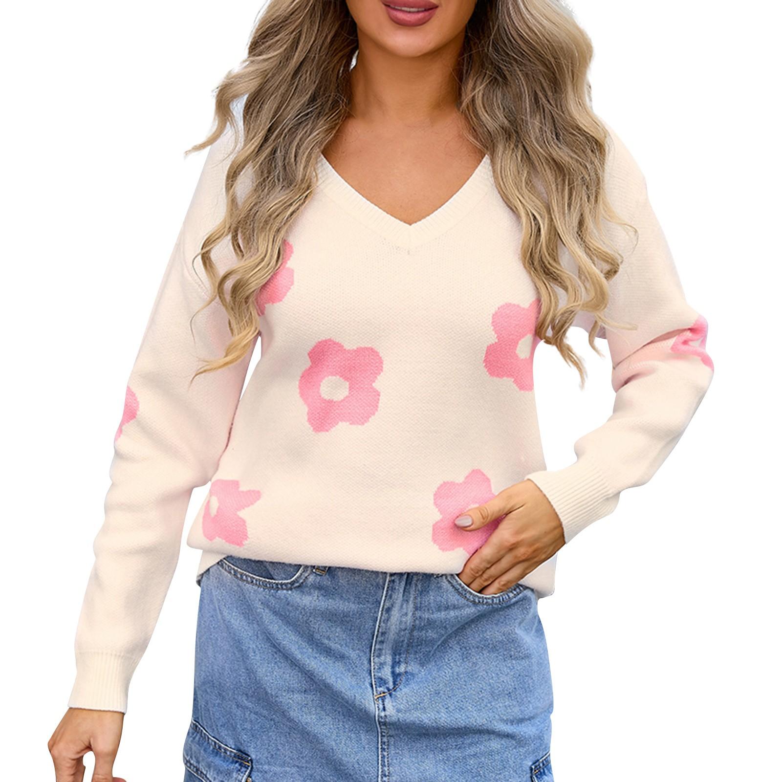 

Женский повседневный модный удобный пуловер с v-образным вырезом контрастного цвета с цветочным принтом и длинным рукавом уличный тренд вязаный свитер L бежевый