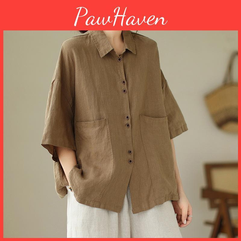 Blouse Womens Cotton Summer Linen Top Literary Loose Solid Color Polo Collar 34 Sleeve Shirt