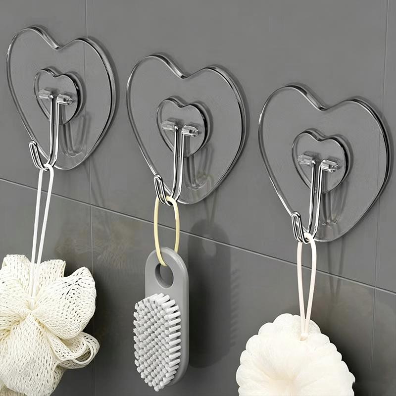 Heart Shaped Transparent Adhesive Hooks 20/40/60Pcs Reusable No Drill Plastic Hangers for Home Dorm Wall Storage