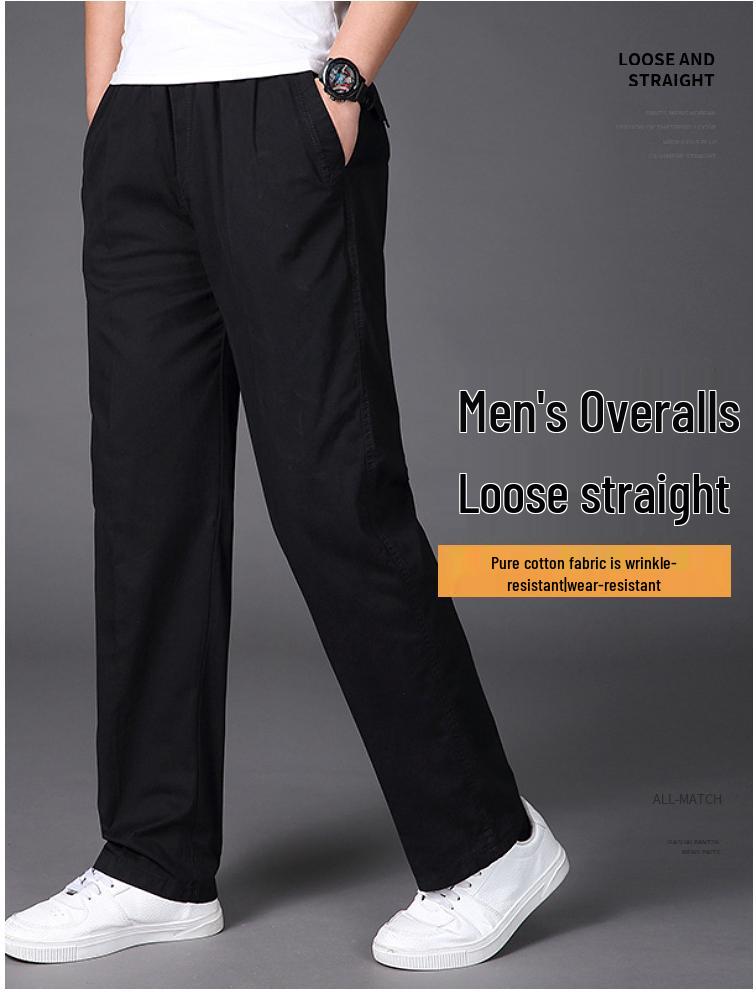Men's Wide Leg Pure Cotton Workwear Pants - Breathable, Straight Leg Sweatpants for Spring and Autumn
