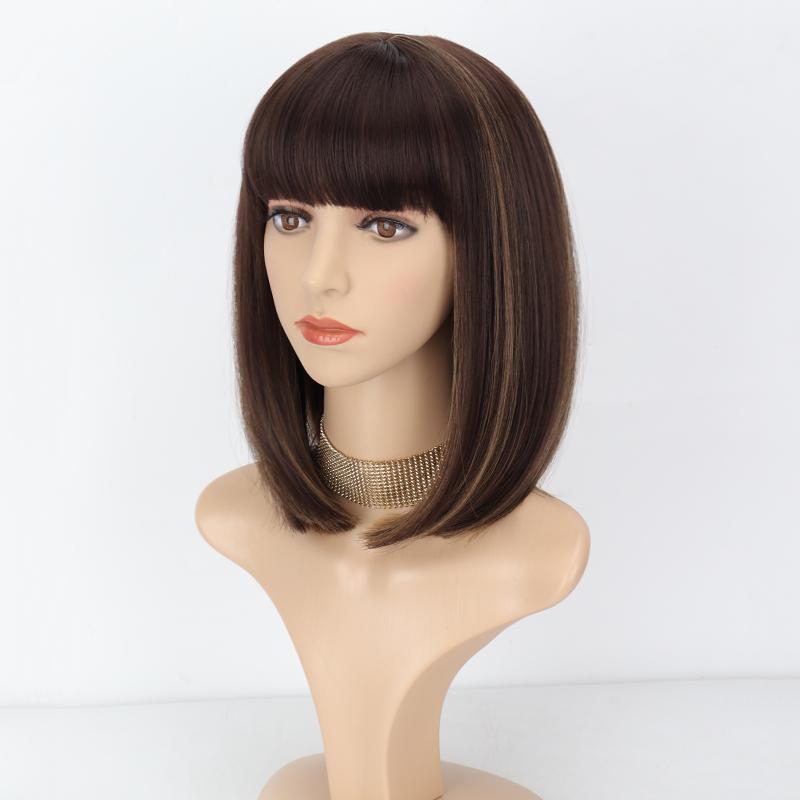 MERISIHAIR Women Short Straight Bob Brown Wig with Bangs Synthetic Fiber Shoulder Length Natural Brown Daily Wear Wig
