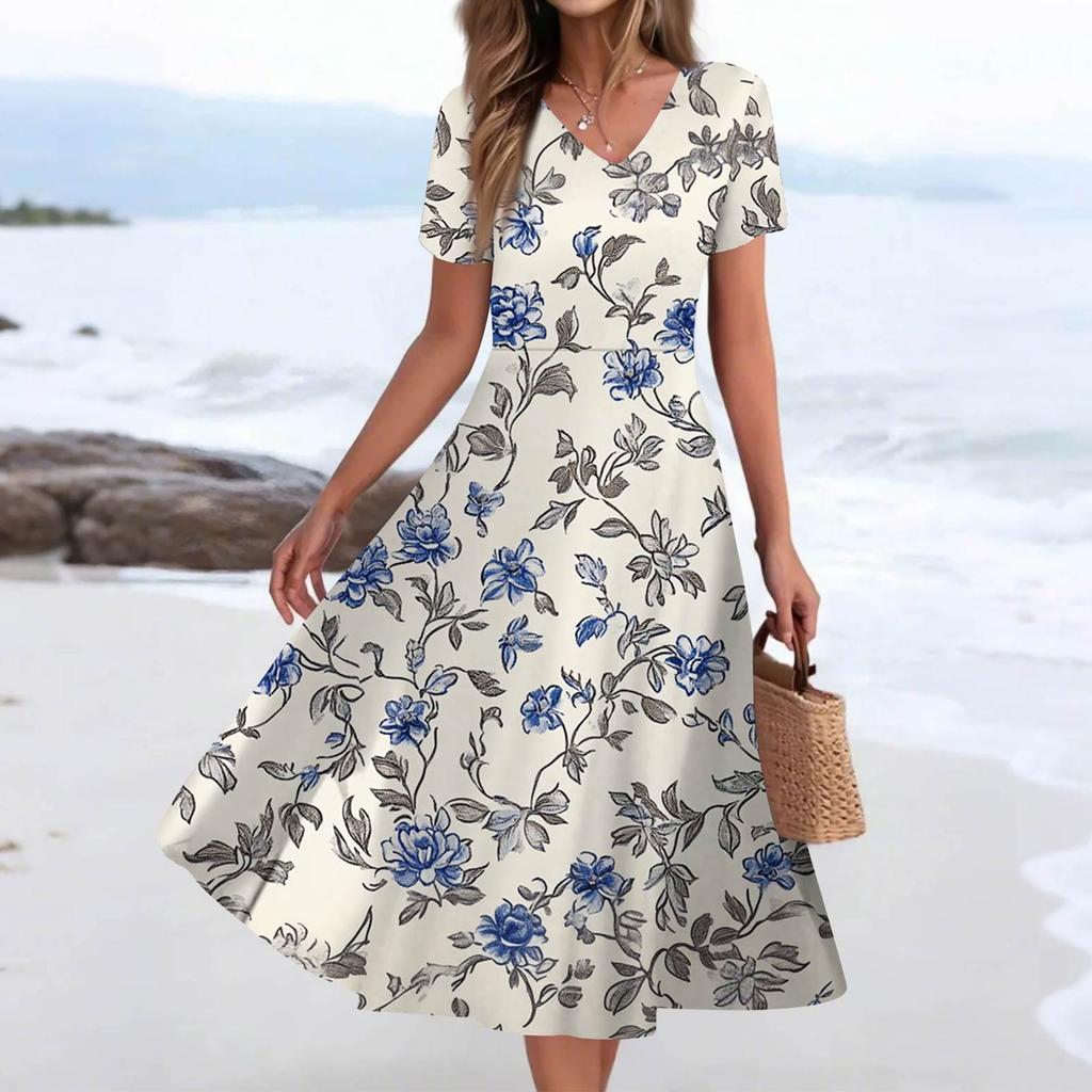 Women's Summer Casual Fashion Print Pocket Short Sleeve V-Neck Swing Dress