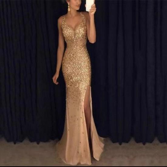 2025 Autumn/Winter European & American Slit Gold Stamping Evening Gown