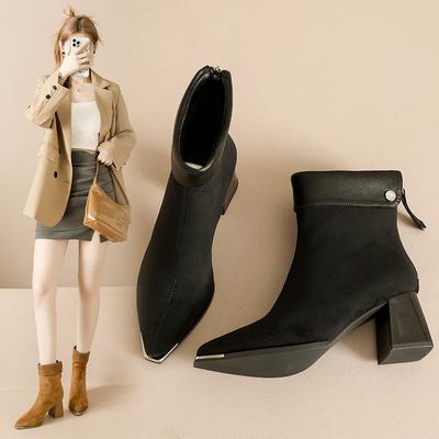 2025 Autumn and Winter New Retro Short Boots Martin Boots Side Zipper High Heels Fashion Boots Solid Color Thick Heel Commuting Short Boots