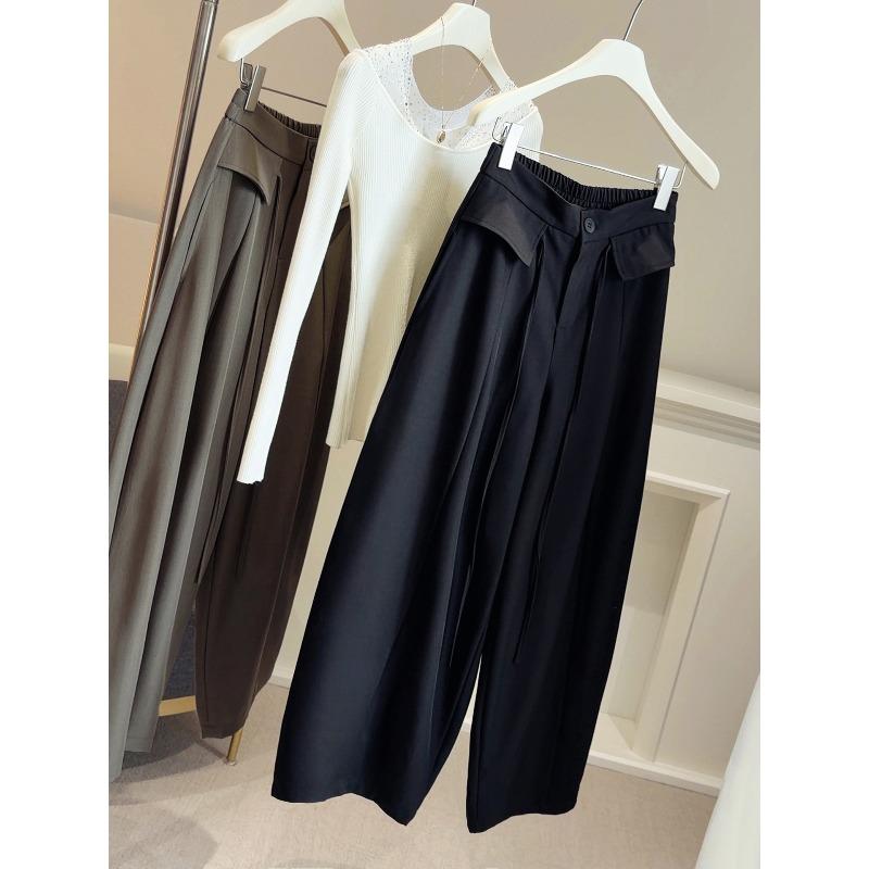 

Spring new design sense high waist wide leg suit casual pants women s elastic waist loose straight vertical scimitar pants L