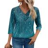 Womens 3/4 Sleeve Daily Weekend V Neck Casual Printed Tshirts Loose Fit Pleated Tees Button Down Shirts