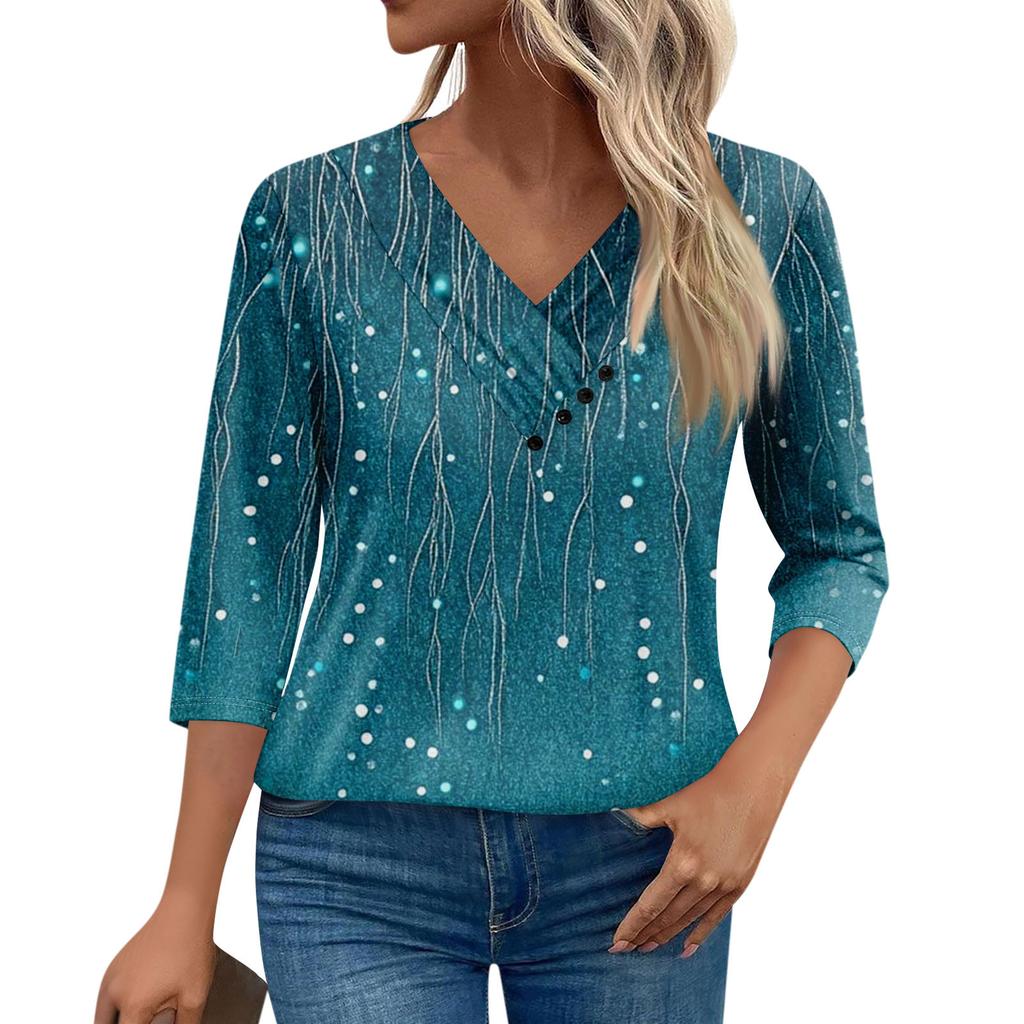 Womens 3/4 Sleeve Daily Weekend V Neck Casual Printed Tshirts Loose Fit Pleated Tees Button Down Shirts